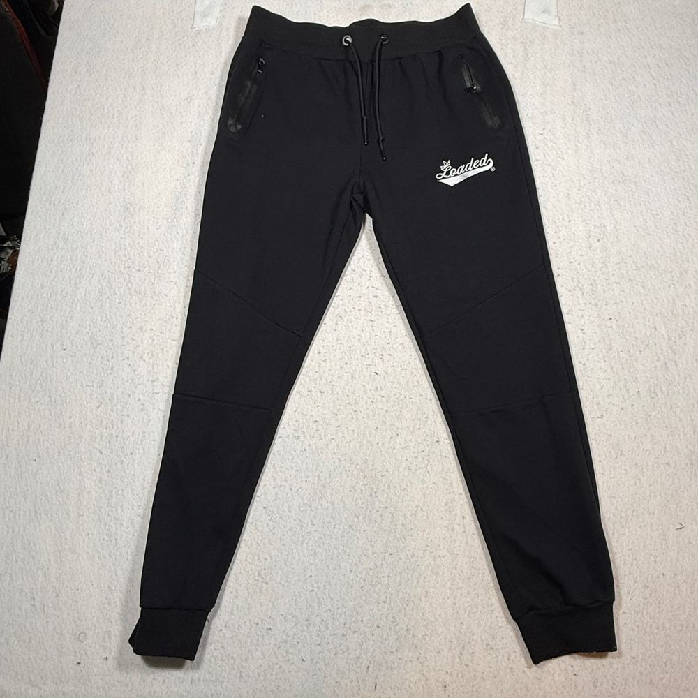 WEIV Los Angeles Mens XXL Black Loaded Graphic Tech Zipper Joggers Sweatpants